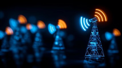 Wireless server tower with glowing optic signals and advanced networking technology to communicate digital data efficiently in modern environment using wireless signal connectivity and innovation