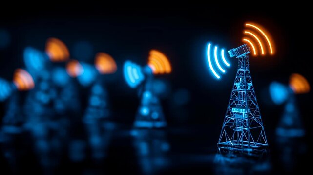 Wireless server tower with glowing optic signals and advanced networking technology to communicate digital data efficiently in modern environment using wireless signal connectivity and innovation