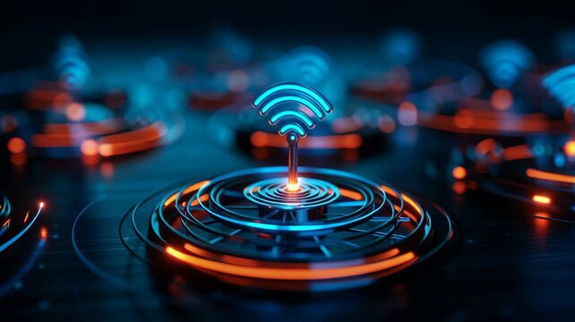 Wireless server technology with glowing optic elements and networking signals illustrate how devices communicate efficiently modern digital environment, while server and optic technology enhance