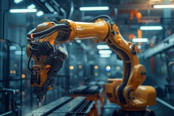 Yellow robotic arm performing precise operations on metal parts in a technologically advanced industrial factory