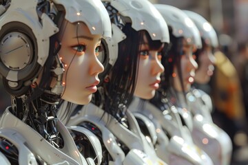 Fototapeta premium Group of female cyborgs with helmets and robotic parts, standing in formation, showcasing a futuristic military unit