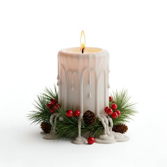 Cream colored christmas candle with pine cones holly berries and greenery isolated on white peaceful holiday decoration
