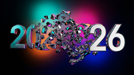 Abstract 3D transition artwork showing chrome numbers 2025 dissolving into floating fragments that gradually reassemble into 2026 under vibrant gradient lighting,