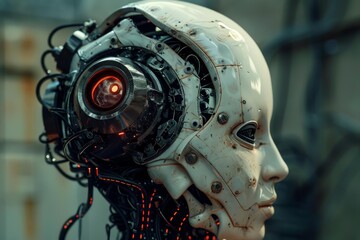 Fototapeta premium Advanced cyborg head with exposed mechanics and glowing red eye, showcasing the intricacies of futuristic robotics
