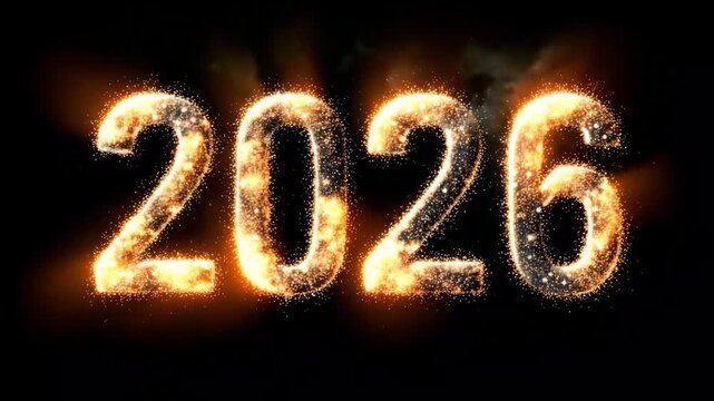 Numbers 2026 sparkling with golden glitter particles and fiery glow on black background