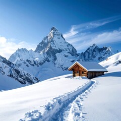 Fototapeta premium Wooden cabin nestled in a snowy mountain landscape beneath a blue sky