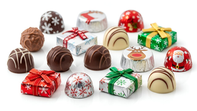 Selection of gourmet assorted christmas chocolates truffles and pralines wrapped in foil and boxes holiday sweets collection