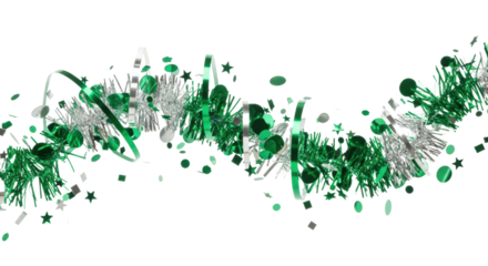 High-speed macro shot of highly reflective emerald green and silver metallic confetti and tinsel particles spiraling and falling against a transparent background with creamy bokeh spheres. Concept
