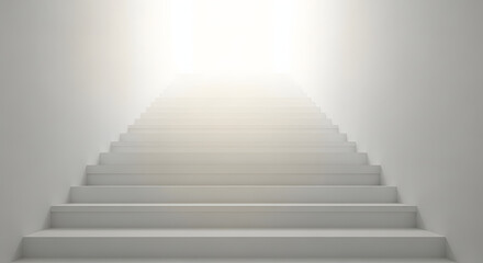 Obraz premium A minimalist view of white stairs leading upwards into bright light against a white background