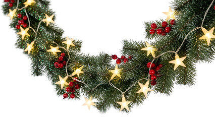 Christmas garland border made of pine branches holly berries and golden string lights on a white background