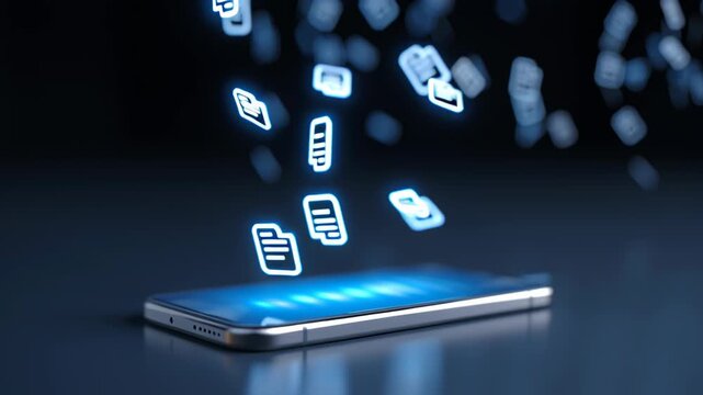 Mobile smartphone with glowing document icon floating above, representing server data transfer, optic technology, networking, and communicate concept in digital environment for efficient data exchange