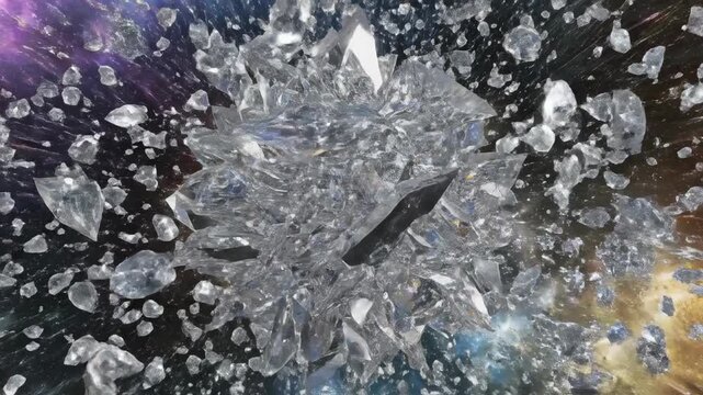 Chaotic rotation of sharp crystalline shards creating fragmented light reflections and fast geometric patterns over a moving colorful field background, disruption, fast geometric patterns