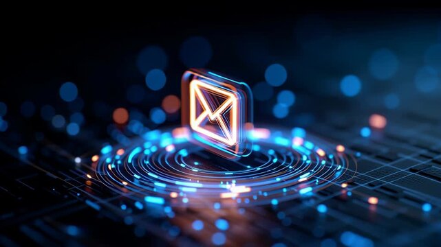 Email Icon Glowing on Digital Server with Optic Lines, Networking Elements, and Futuristic Data Visualization for Secure Data Transfer and Efficient Communicate Technology