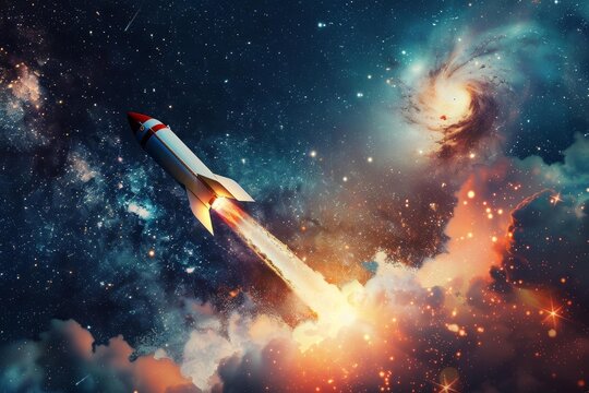 Rocket is flying through space with nebula and starry sky in background