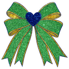 Sparkling green glitter bow with a blue glitter heart, perfect for holiday gifts, Christmas decorations, and vibrant, festive event designs