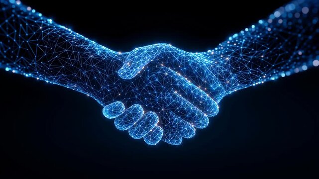 Server and optic technology enable networking to communicate efficiently, illustrated by digital handshake symbolizing connection, trust, secure data exchange, and futuristic technology driven data