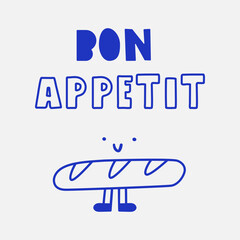 French Bakery Illustration. Vector outline of baguette character with text Bon Appetit. For branding, bakery window displays and French cafe graphics.
