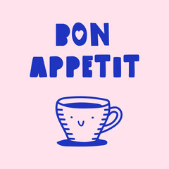 Coffee Shop Illustration. Vector outline of espresso cup character with text Bon Appetit. For cafe wall art, coffee shop merchandise and brunch menu design.