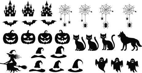 Simple Halloween Black Silhouette Icons Set, Scary Castle, Flying Bats, Jack-O'-Lantern Pumpkins, Black Cats, Witch Hats, Spiders on Webs, and Spooky Ghosts Vector, Isolated on White.