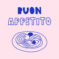Italian Food Illustration. Vector outline of spaghetti with meatballs and text Buon Appetito. For Italian restaurant branding, pasta packaging and food blog graphics.