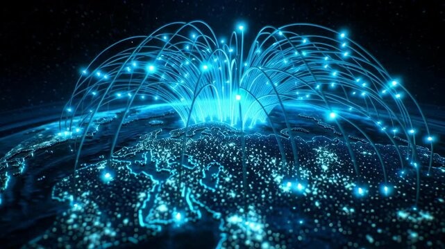 Server and optic technology enable global networking to communicate efficiently, connecting continents with glowing blue data streams and digital world infrastructure for seamless global data