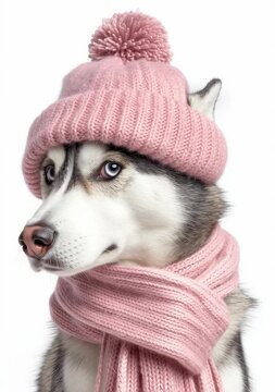 Un husky con un gorro y bufanda rosa, listo para el fr&iacute;o.