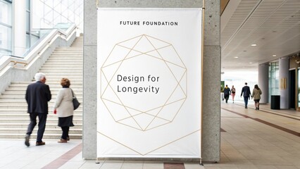Modern exhibition banner promoting innovative design for longevity by Future Foundation in a contemporary indoor setting