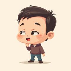 A cute cartoon illustration of a young boy with dark hair, wearing a brown hoodie and jeans, standing in a thoughtful pose with his hand on his chin.