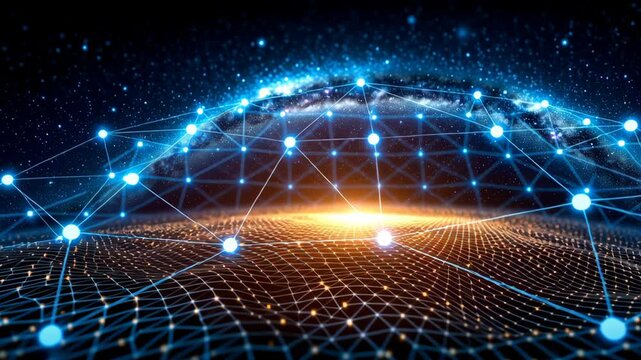 Server and optic technology connect networking grids to communicate data across digital planet, illustrating global connection and futuristic technology in vibrant, glowing environment