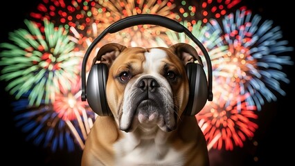 Bulldog dog wearing noise canceling headphones to protect ears from loud fireworks background