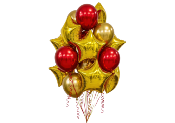 tightly grouped cluster of shiny ruby red and polished gold mylar star and spherical balloons with metallic foil ribbons, isolated on a transparent background. commercial celebration concept