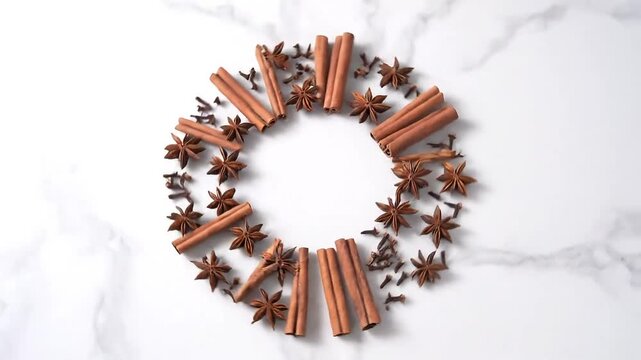 Cinnamon sticks and star anise on marble background for cooking and baking