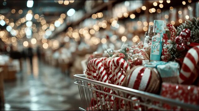Festive shopping cart filled with candy canes and holiday presents in a store aisle with bokeh lights