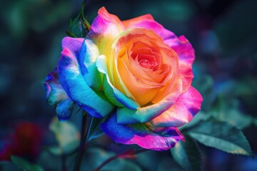 Close up of a rainbow rose showcasing its vibrant, multicolored petals, blooming amongst lush green foliage