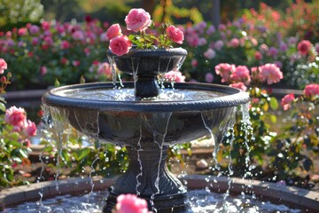 Elegant water fountain cascading into a pond surrounded by vibrant pink roses in a serene garden setting