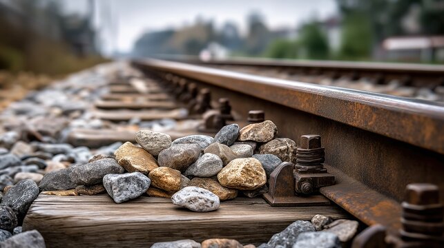 Railroad tracks scene with gravel and metal rails forming strong linear perspective shaped by minimal clean composition and warm daylight supporting transportation and travel concept