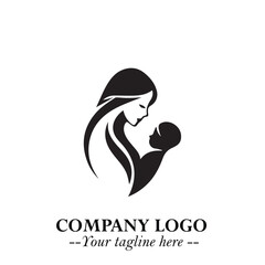 Mom and Baby Logo Symbol in Black on White Background for Gentle Minimalist Branding Design Art