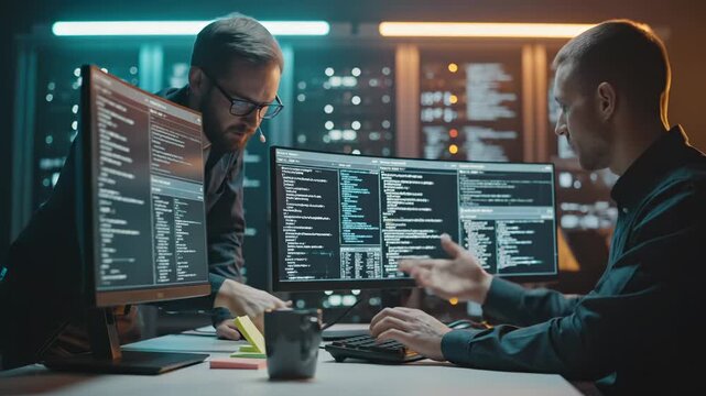 Two male programmers collaborate on code in data center at night. A software developer points at a screen while his colleague types. The team of programmers works on project in a high-tech office at n