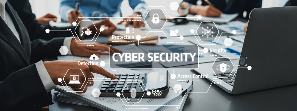 A dynamic scene showcasing cyber security concepts with hands on a calculator and laptop in a modern office, emphasizing technology and business collaboration for effective solutions. Amity