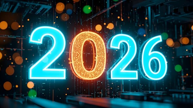 Futuristic neon 2026 sign with circuit board background and bokeh lights