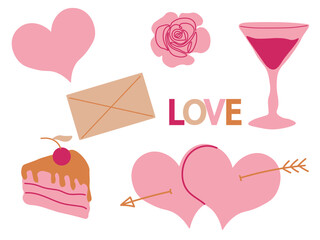 set of Saint Valentine day stickers.  various romantic flat objects. Isolated on white background