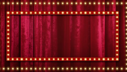 Vintage Theater Marquee Frame Illuminated on Red Velvet Curtains Background.