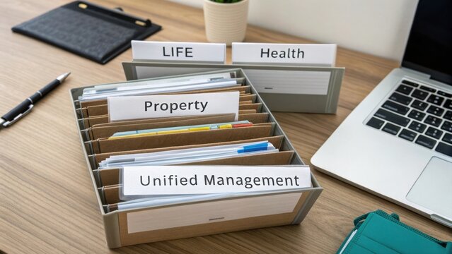 Organized filing system with labeled categories for life, health, property, and management on a modern workspace desk