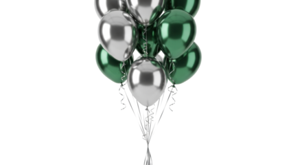 tightly clustered metallic foil helium balloons, silver and mirrored chrome green, floating with dynamic trailing ribbons against a brilliant white infinity cove background, ample copy space,
