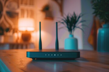 Wireless router providing internet connectivity in a cozy home environment, ensuring seamless online access for work and leisure