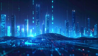 Abstract blue digital background with technology lines, glowing data network, and a futuristic city concept
