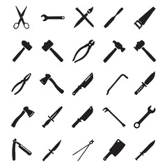 Naklejka premium This image displays a grid of 25 black and white icons, each depicting a different tool. The tools range from common household items like scissors and hammers to more specialized equipment like saws, 
