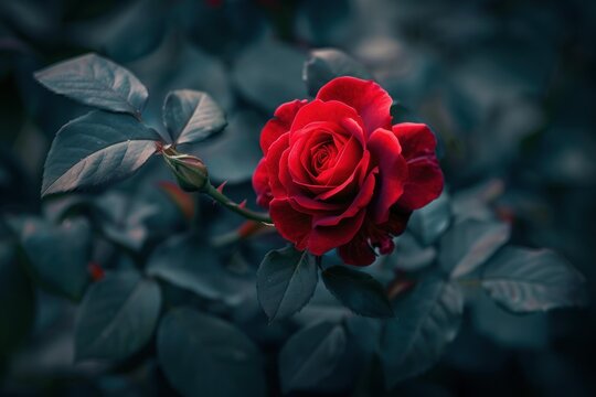 Close up of a vibrant red rose blooming amidst dark green foliage, creating a captivating contrast