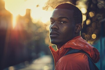 Young black athlete resting after running session in the city at sunset