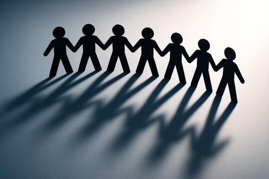 Group of paper cutout human figures holding hands casting shadows on surface, symbolizing unity, teamwork, and community support concept. Ai generative